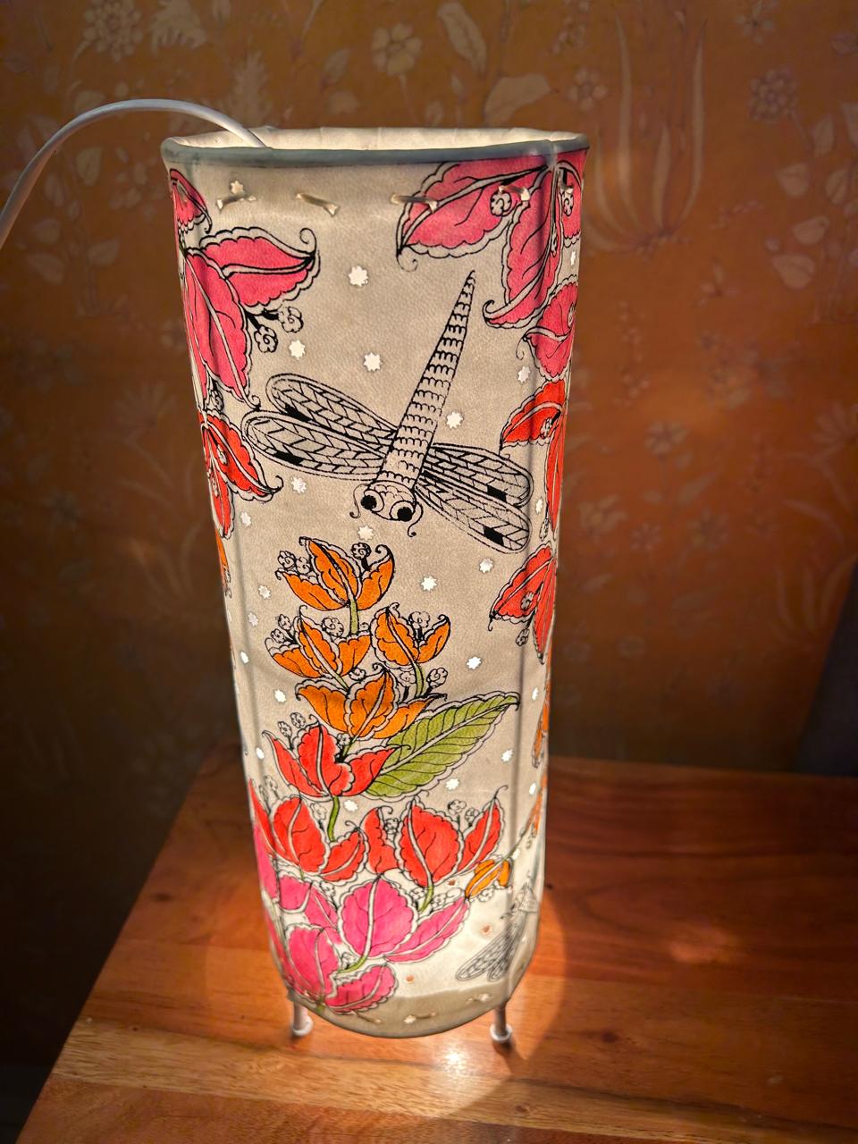 Bougainvillea Floral moth Pink-Orange - Tholu Bommalata Leather Lampshade with Plug & Wire – 13-Inch