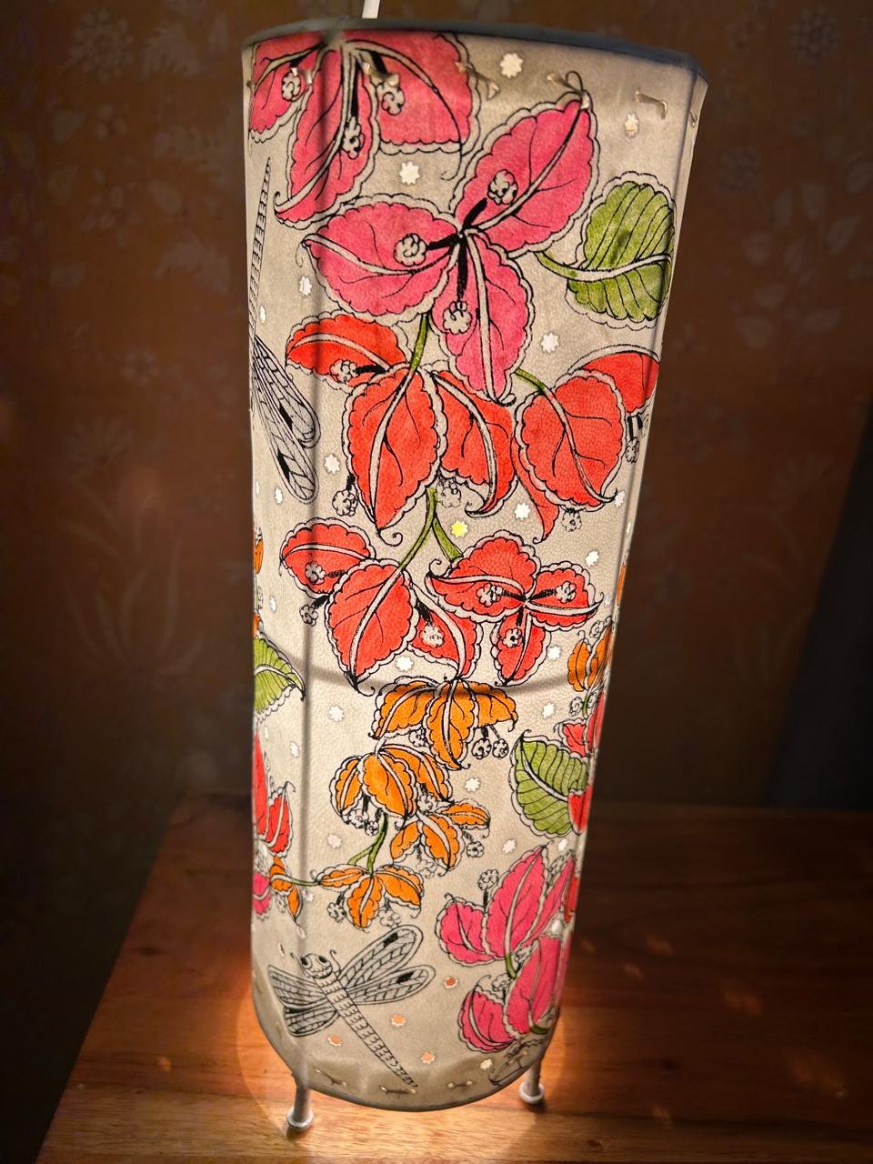 Bougainvillea Floral moth Pink-Orange - Tholu Bommalata Leather Lampshade with Plug & Wire – 13-Inch - Image 3