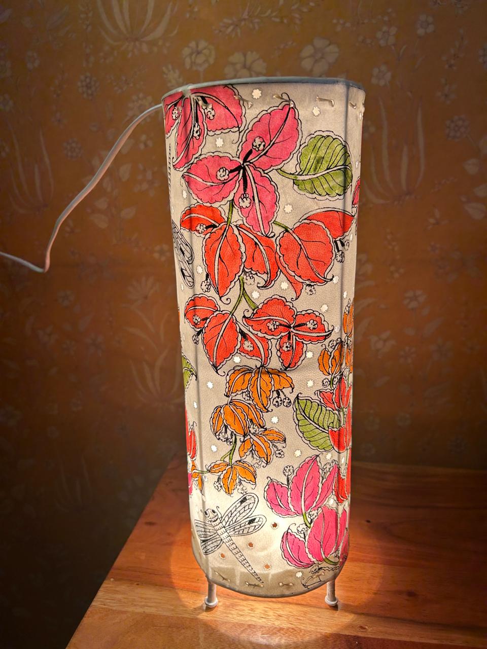 Bougainvillea Floral moth Pink-Orange - Tholu Bommalata Leather Lampshade with Plug & Wire – 13-Inch - Image 2