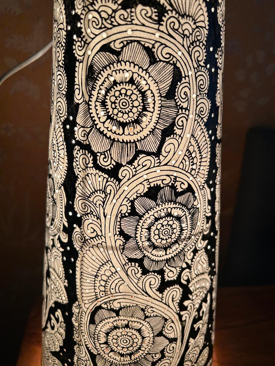 Floral Black- Tholu Bommalata Leather Lampshade with Plug & Wire – 17-Inch - Image 3