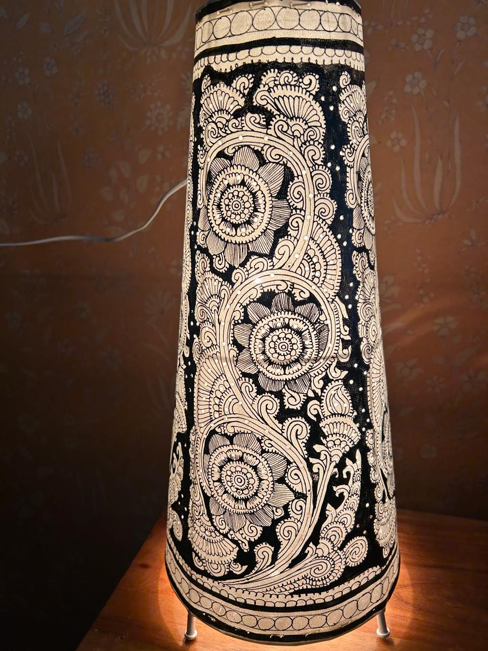 Floral Black- Tholu Bommalata Leather Lampshade with Plug & Wire – 17-Inch