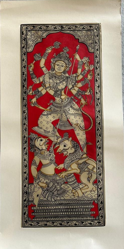 Maa Durga Pattachitra Art - Tussore Silk Painting - 6*16 inch - Unframed - In Silk Cloth only