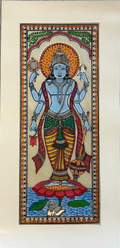 Shri Hari Vishnu Ji in colour Pattachitra Art - Tussore Silk Painting - 6*16 inch - In Silk Cloth - Unframed