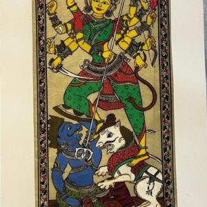 Maa Durga in Colour Pattachitra Art - Tussore Silk Painting - 6*16 inch - Unframed - In Silk Cloth only