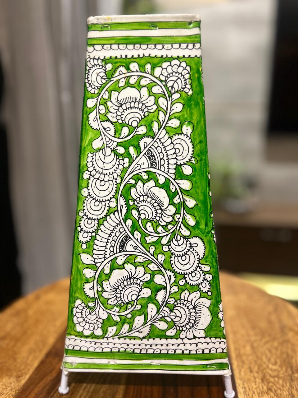 Floral Green - Tholu Bommalata Leather Lampshade with Plug & Wire – 13-Inch