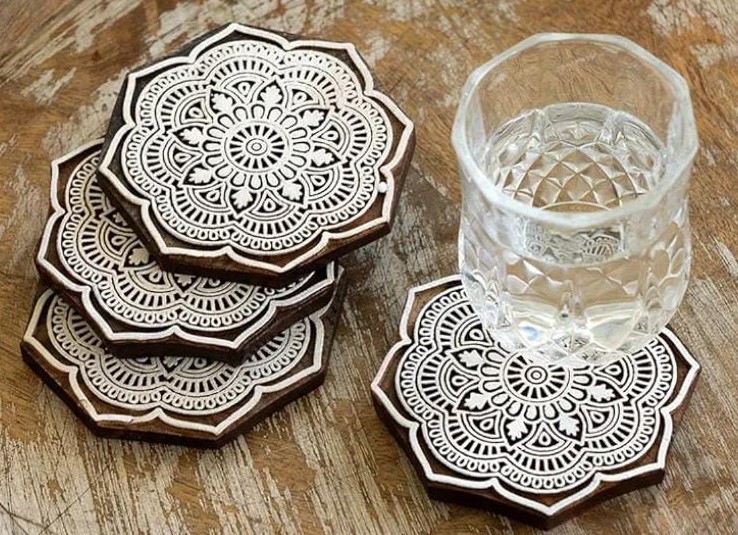 Octagon Mandala Wooden Block Coasters – Set of 4 - Image 2