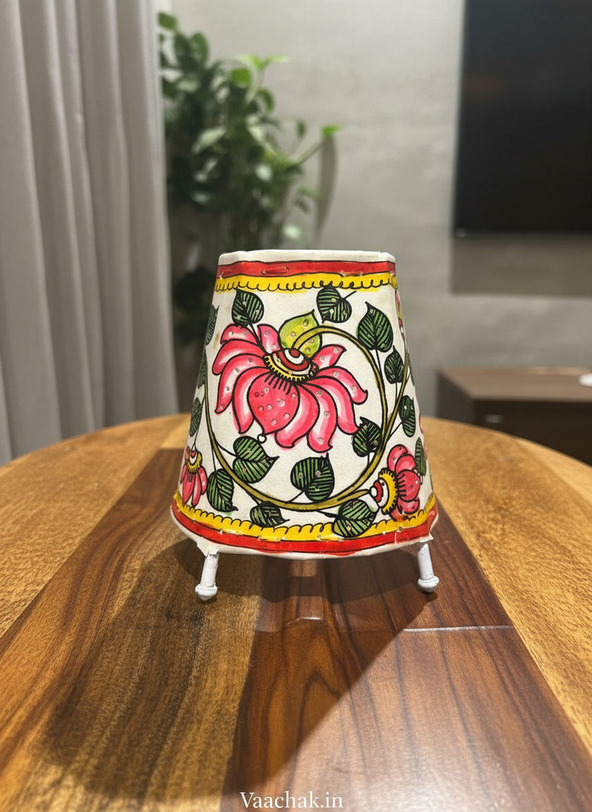 Pink Lotus - Tholu Bommalata Leather Lampshade with Plug & Wire – 6-Inch