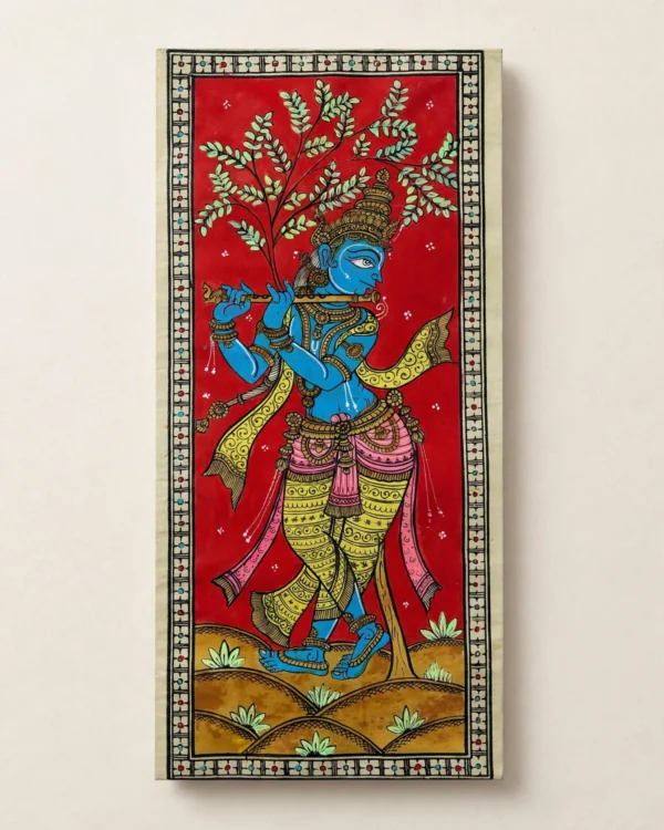 Krishna Pattachitra Art - Tussore Silk Painting - 6*16 inch - Unframed - In Silk Cloth only