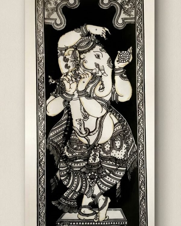 Ganesh Side Face Pattachitra Art (Black) - Tussore Silk Painting - 6*16 inch - In Silk Cloth - Unframed