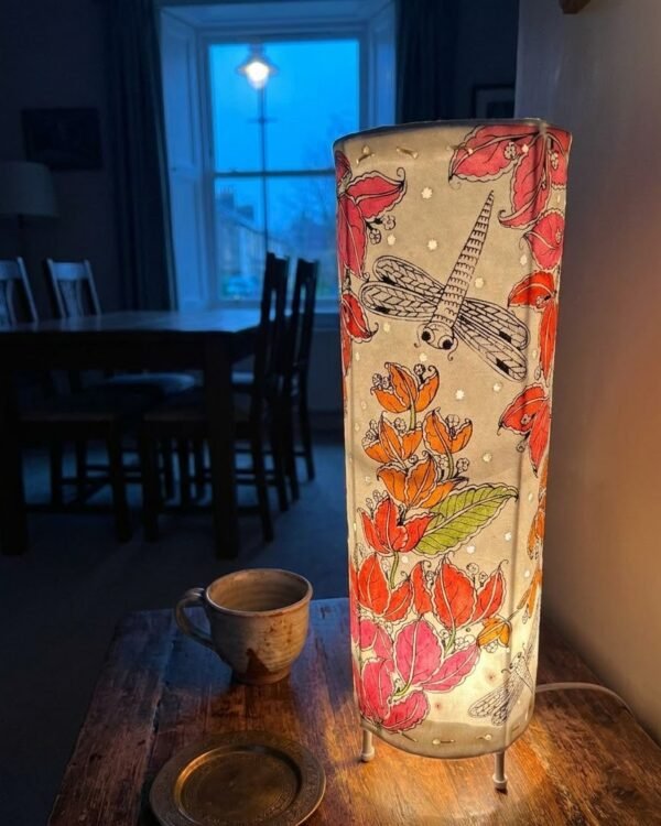 Bougainvillea Floral moth Pink-Orange - Tholu Bommalata Leather Lampshade with Plug & Wire – 13-Inch