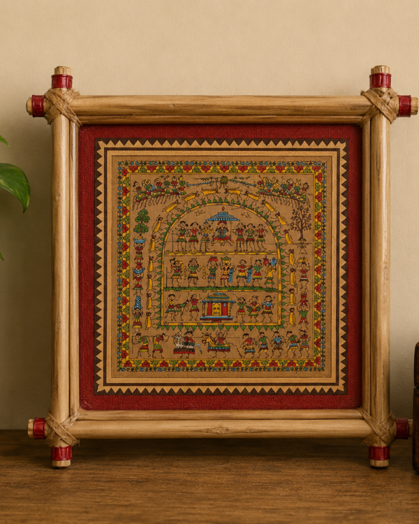 Tribal Wedding Scene - Palm Leaf Pattachitra Art - 6*6 inch - framed
