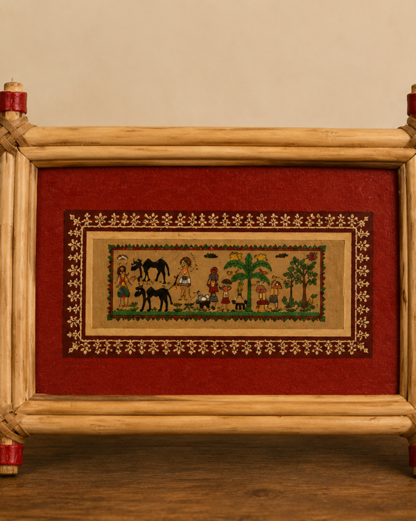 Village Scene - Palm Leaf Pattachitra Art - 6*4 inch - framed