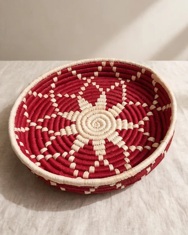 Red and White Fruit Basket- Sabai Art Handwoven Basket - (12"(diameter)*2"(height))