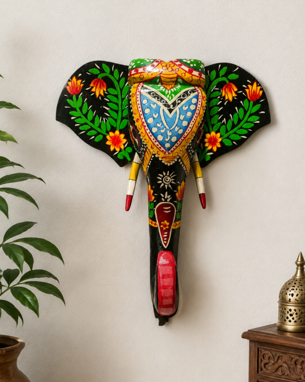 Handpainted Black Wooden Elephant Face - Wall Art (15 inch)