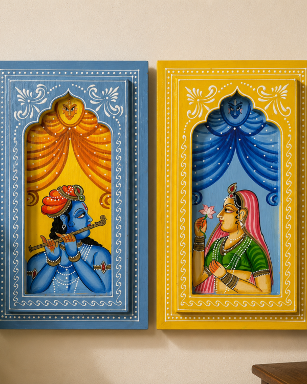 Handpainted Radha Krishna - Wooden Wall Frame set of 2 (8inch * 12 inch each)