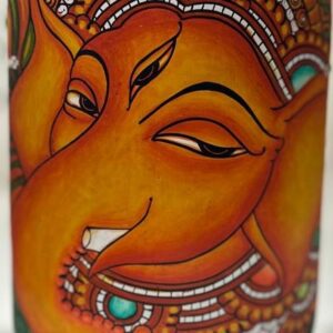 Kerela Mural Ganesh Ji Orange - Bamboo Hand Painted - Wall Decor - 6 Inch height