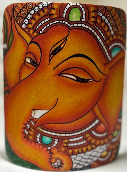 Kerela Mural Ganesh Ji Orange - Bamboo Hand Painted - Wall Decor - 6 Inch height