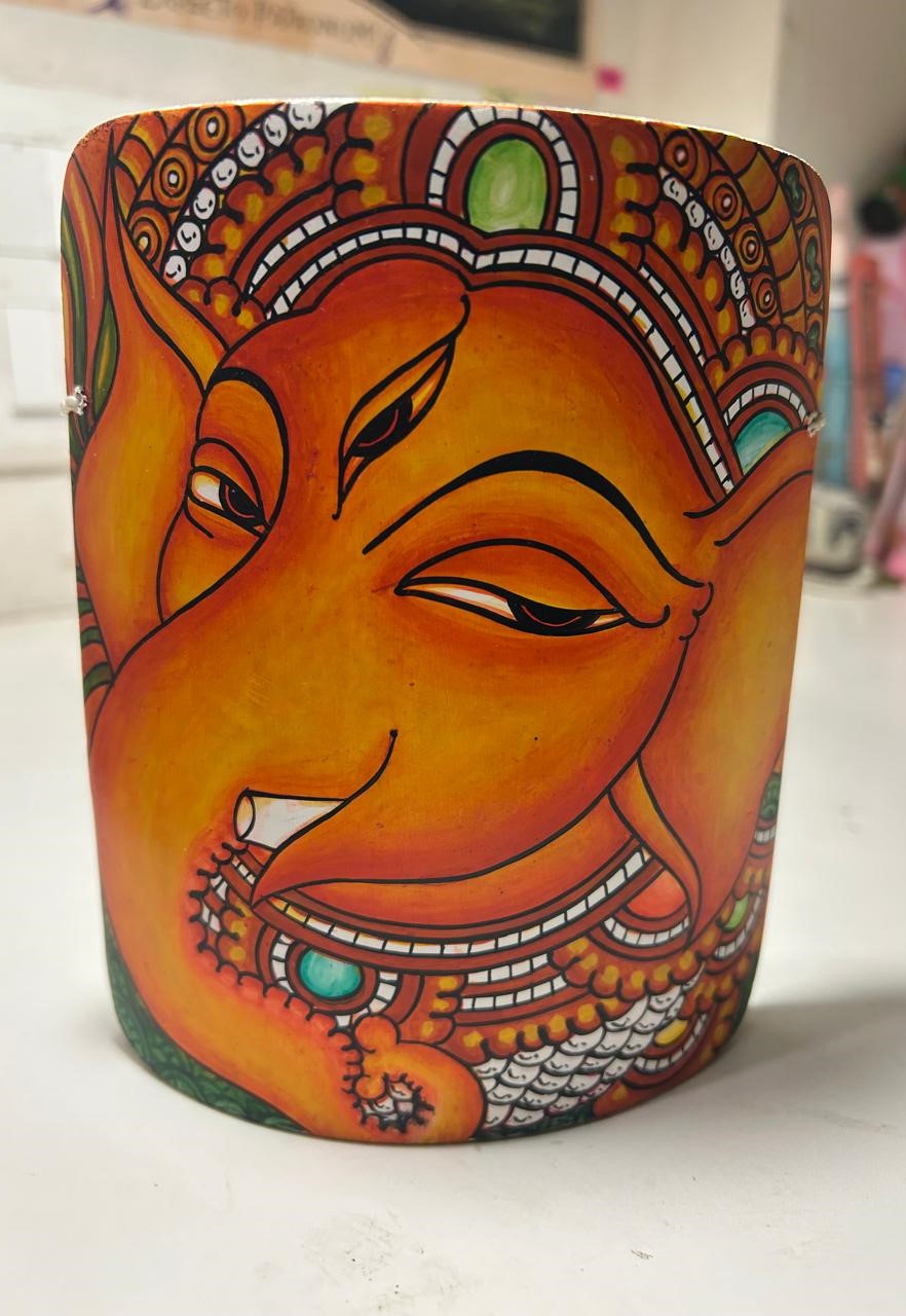 Kerela Mural Ganesh Ji Orange - Bamboo Hand Painted - Wall Decor - 6 Inch height - Image 4