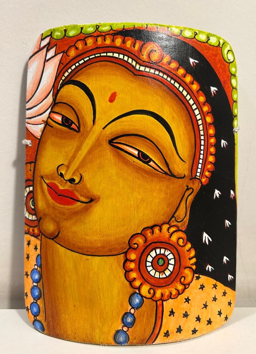 Kerela Mural Laxmi Maa Orange - Bamboo Hand Painted - Wall Decor - 6 Inch height