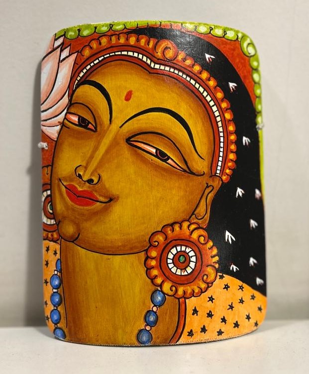 Kerela Mural Laxmi Maa Orange - Bamboo Hand Painted - Wall Decor - 6 Inch height - Image 3