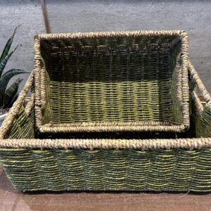 Green Sabai Grass Rectangle Trays with Iron Frame – Set of 2 (12", 10")