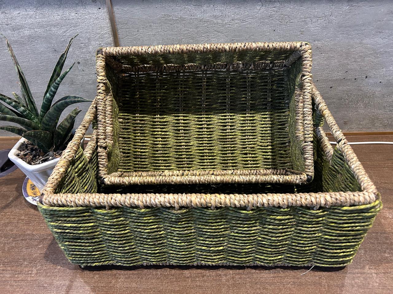 Green Sabai Grass Rectangle Trays with Iron Frame – Set of 2 (12", 10")