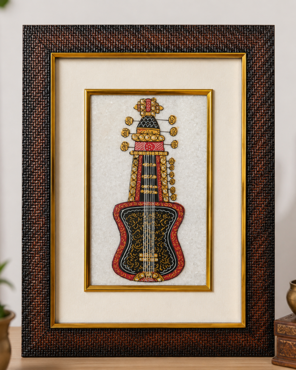 Hand Painted Artistic Musical Instrument Design on Marble Plate - Painting with Frame