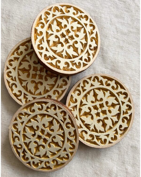 Round Mandala Wooden Block Coasters – Set of 4
