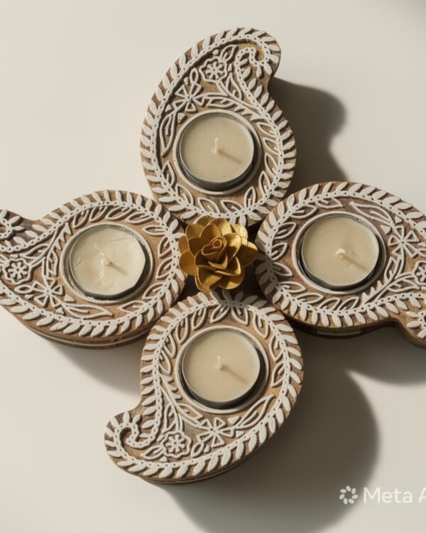 Paisely Motif - Wooden Block T-Light Candle Holders - Set of 2