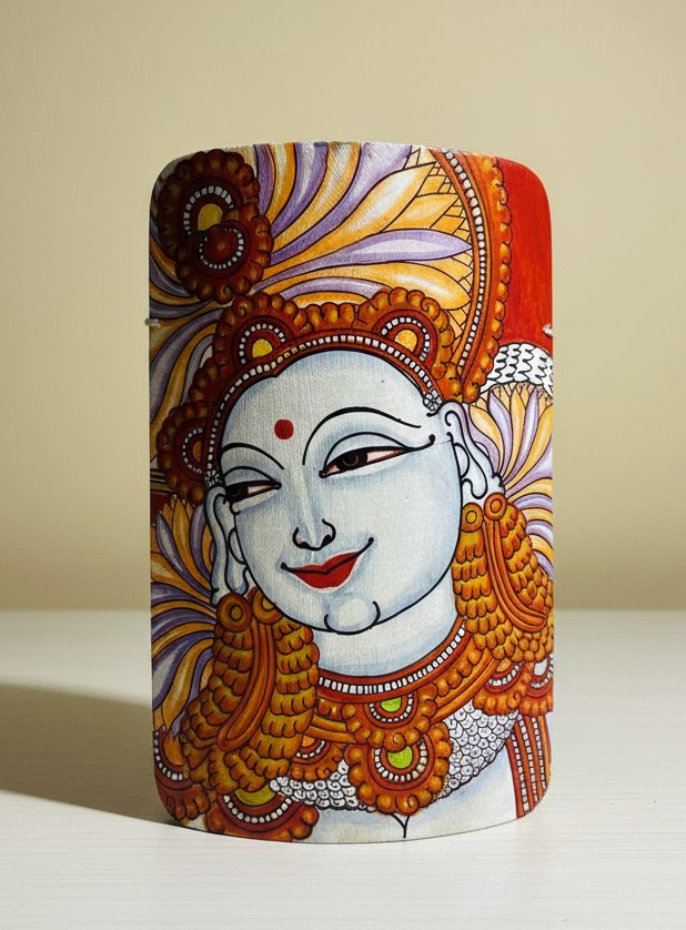 Kerela Mural Laxmi Maa Orange - Bamboo Hand Painted - Wall Decor - 7 Inch height