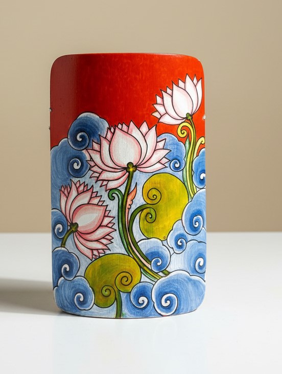 Kerela Mural Lotus - Bamboo Hand Painted - Wall Decor - 7 Inch height