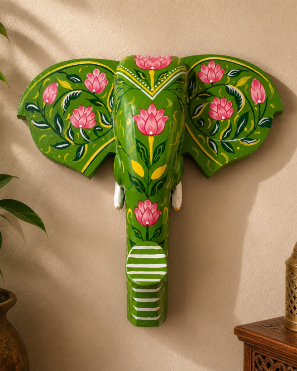 Handpainted Green Wooden Elephant Face - Wall Art (10 inch)