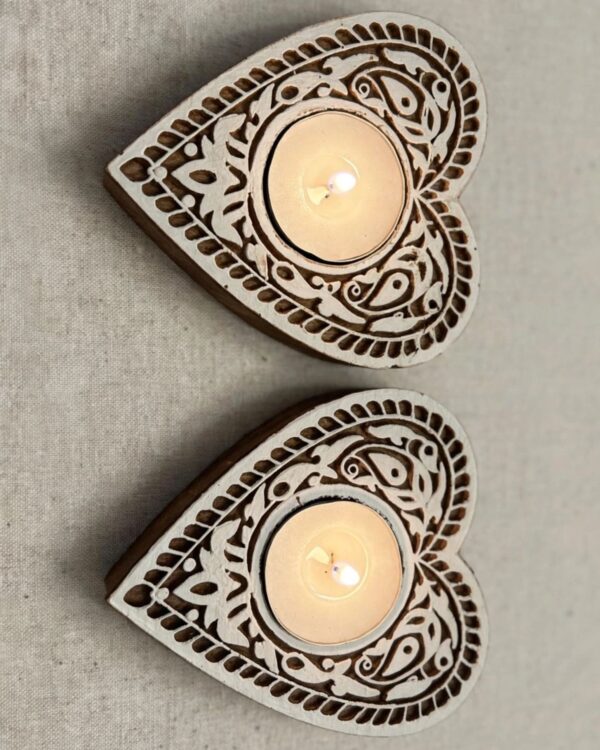 Heart #2 - Wooden Block T-Light Candle Holders - Set of 2