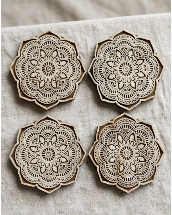 Octagon Mandala Wooden Block Coasters – Set of 4