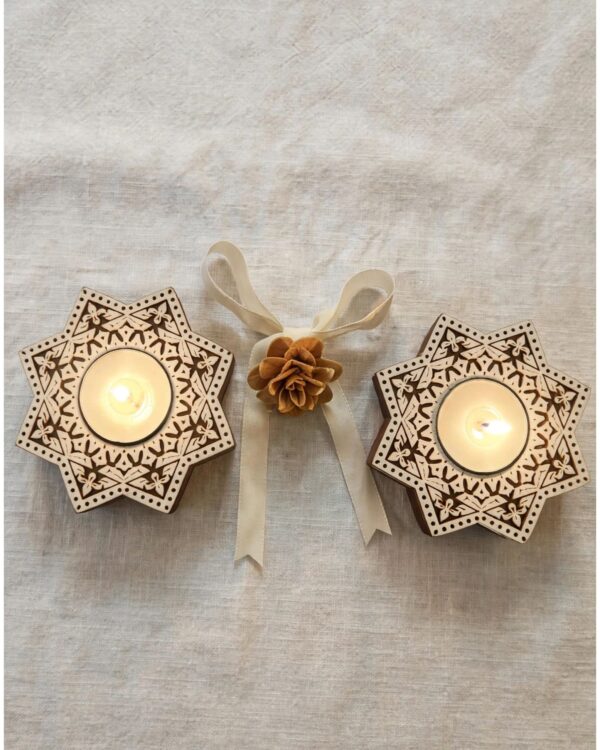 Octagon - Wooden Block T-Light Candle Holders - Set of 2