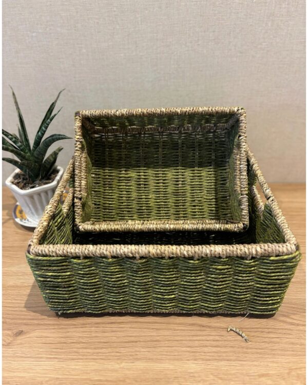 Green Sabai Grass Rectangle Trays with Iron Frame – Set of 2 (12", 10")