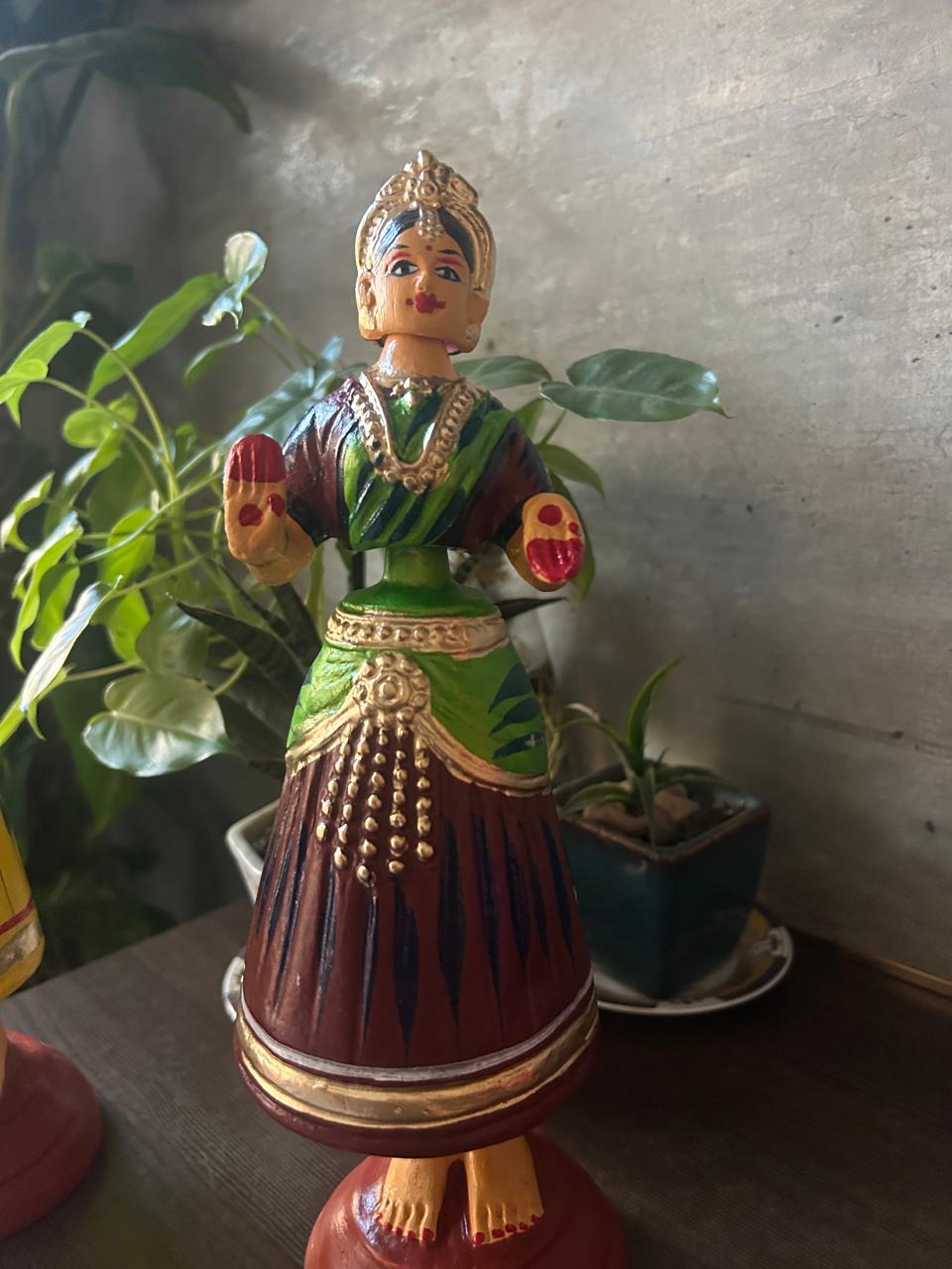 Bharatanatyam Tanjore Dancing Doll - Green Top & Brown Bottom (Paper Mache)