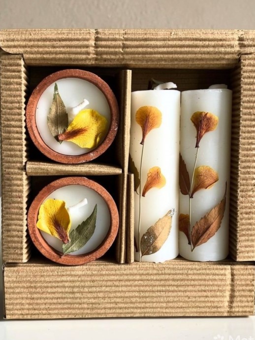 Gift Pack - white - set of 4 - 2 small diya 2 cylinder candle