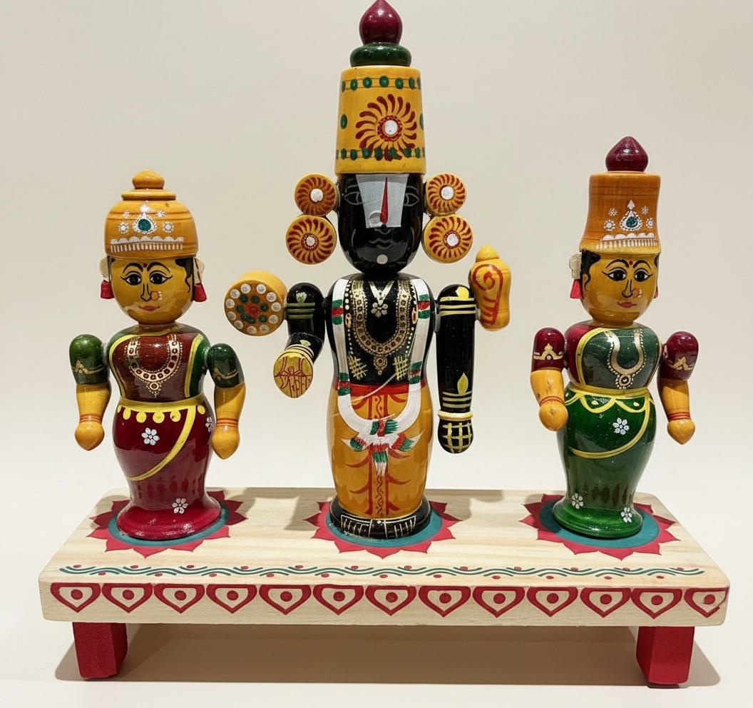 Chinnapatna Standing Balaji, Laxmiji and Bhoo devi Idol - Wooden Figurine Set of 3