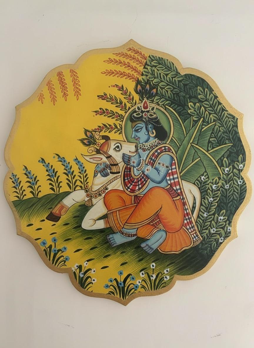 Handpainted Krishna with Cow - Wooden Wall Art Plate (10 Inch) - Image 2