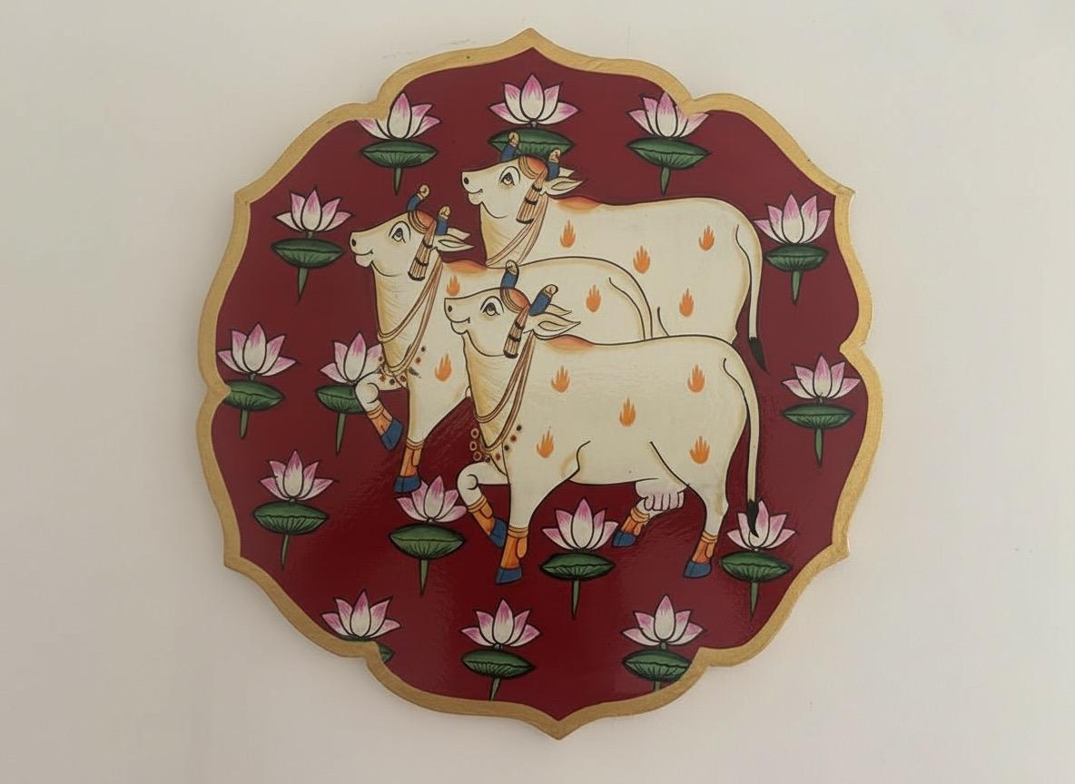 Handpainted Cow Pichwai - Maroon Wall Art Plate (10 Inch)