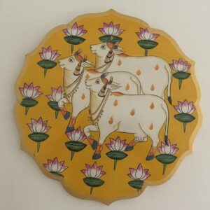 Handpainted Cow Pichwai - Yellow Wooden Wall Art Plate (10 Inch)