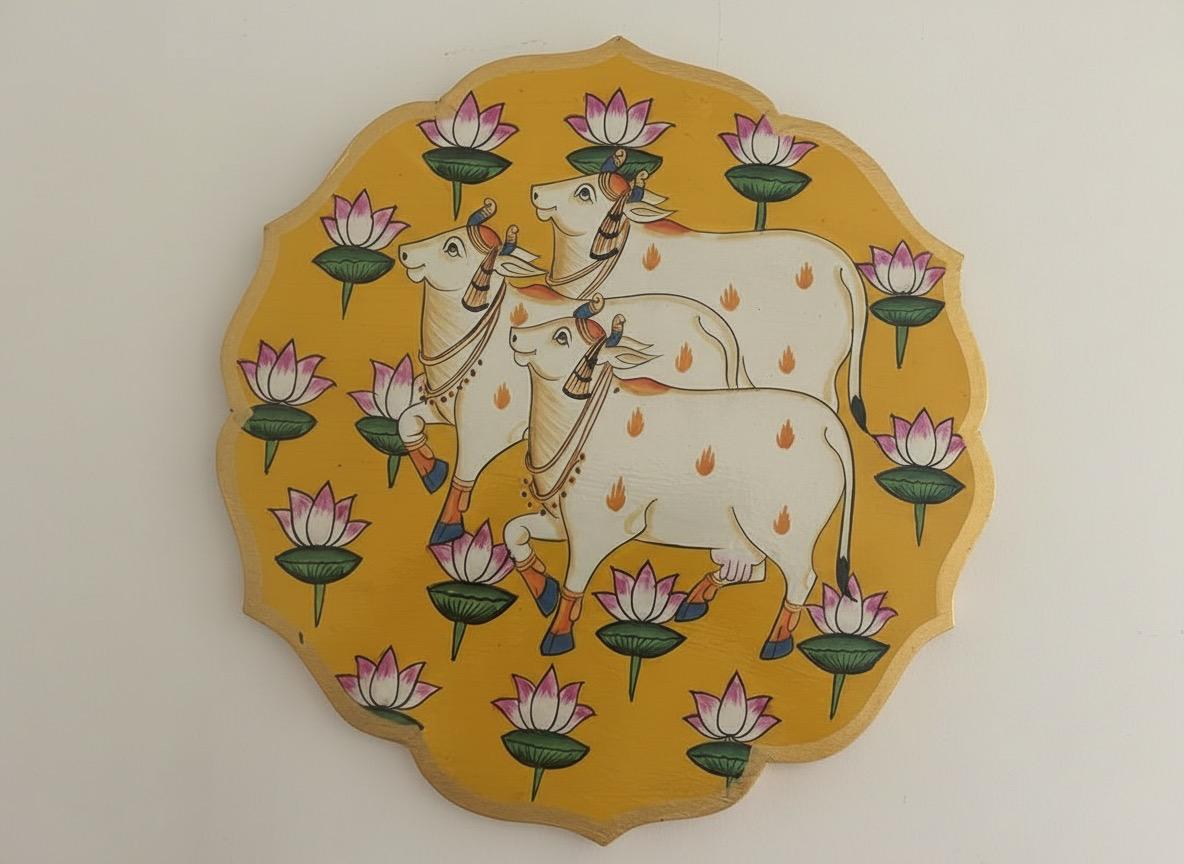 Handpainted Cow Pichwai - Yellow Wooden Wall Art Plate (10 Inch)