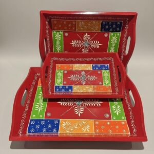 Handpainted Red  Woden Rectangular Tray - set of 3