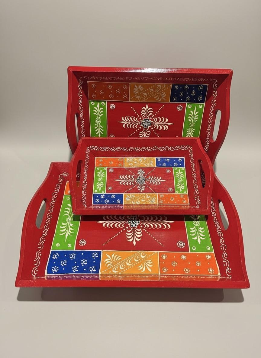 Handpainted Red Woden Rectangular Tray - set of 3