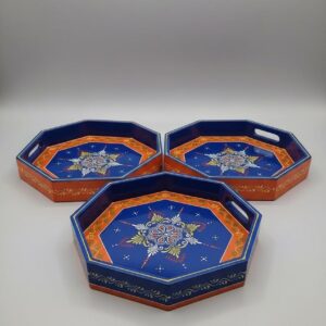 Handpainted Blue and Orange  Wooden Octagonal Tray - set of 3