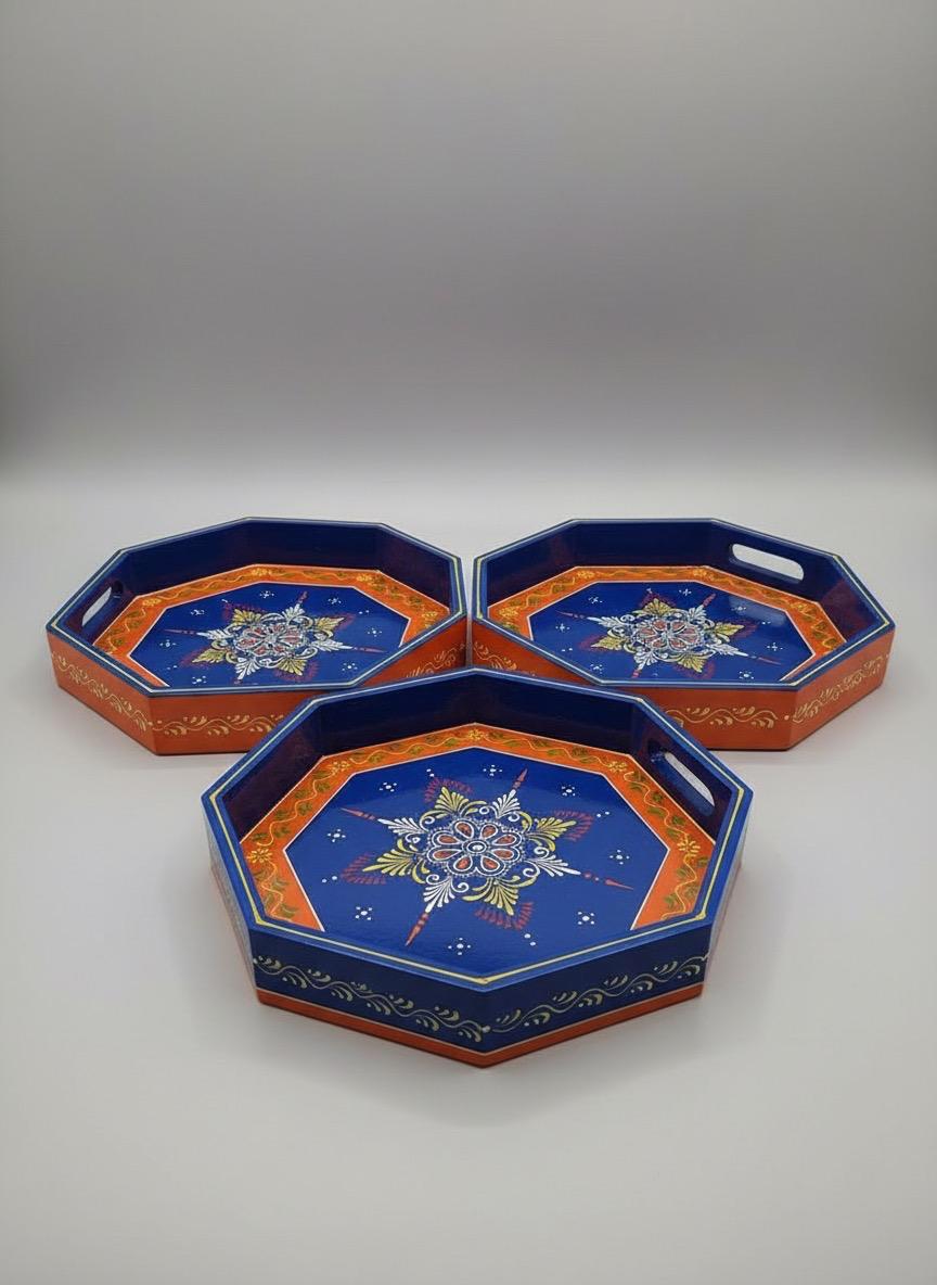 Handpainted Blue and Orange Wooden Octagonal Tray - set of 3