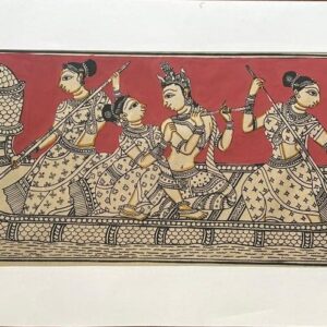 Radha Krishna with Sakhiya in Naav Sawari Pattachitra Art - Tussore Silk Painting - 6*16 inch - Unframed - In Silk Cloth only