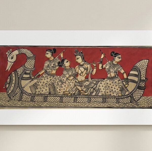 Radha Krishna with Sakhiya in Naav Sawari Pattachitra Art - Tussore Silk Painting - 6*16 inch - Unframed - In Silk Cloth only
