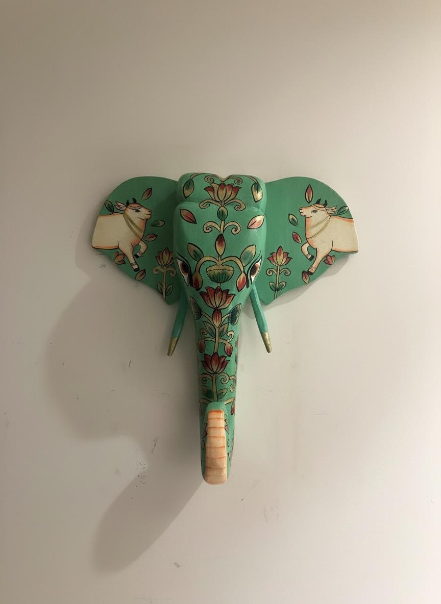 Handpainted Green Wooden Cow Pichwai in Elephant Face - Wall Art (15 inch) - Image 2